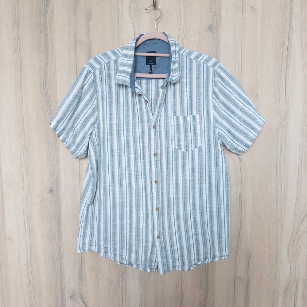 Union Mens Short Sleeve Shirt Large Blue White Striped Button Down Cotton Casual